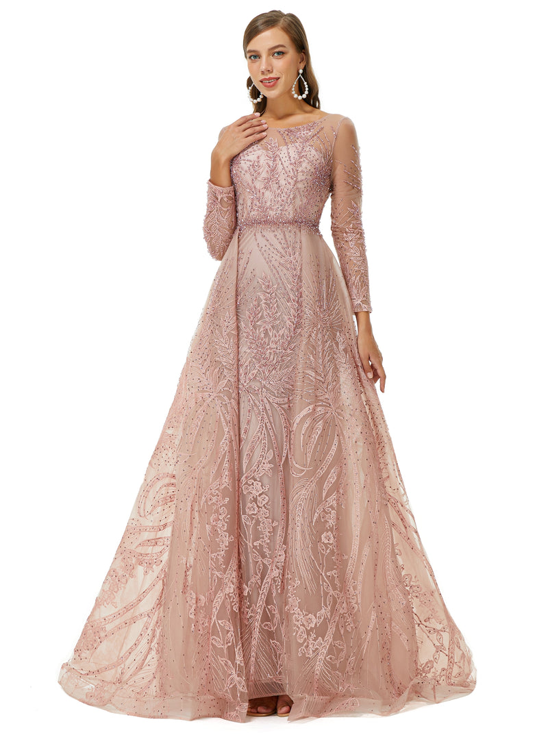 A-line Jewel Floor-length Long Sleeve Appliques Lace Sequined Prom Dress-stylesnuggle