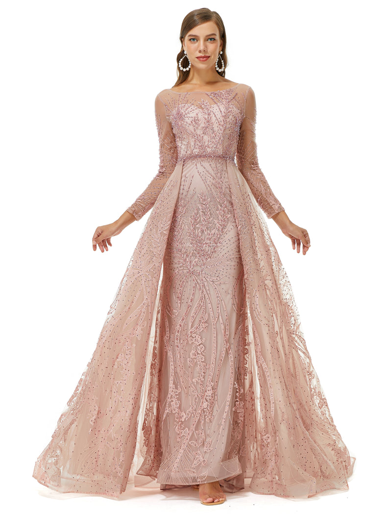 A-line Jewel Floor-length Long Sleeve Appliques Lace Sequined Prom Dress-stylesnuggle