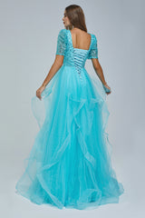 A-line Jewel half sleeves Floor-length Backless Beaded Tulle Beautiful Prom Dress-stylesnuggle