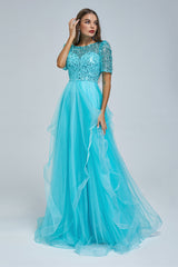 A-line Jewel half sleeves Floor-length Backless Beaded Tulle Beautiful Prom Dress-stylesnuggle