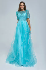 A-line Jewel half sleeves Floor-length Backless Beaded Tulle Beautiful Prom Dress-stylesnuggle