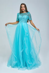 A-line Jewel half sleeves Floor-length Backless Beaded Tulle Beautiful Prom Dress-stylesnuggle