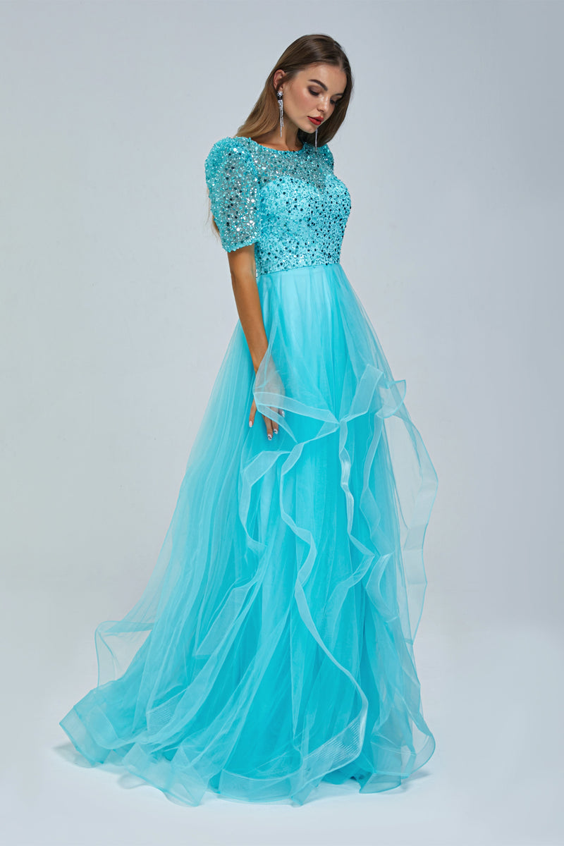 A-line Jewel half sleeves Floor-length Backless Beaded Tulle Beautiful Prom Dress-stylesnuggle