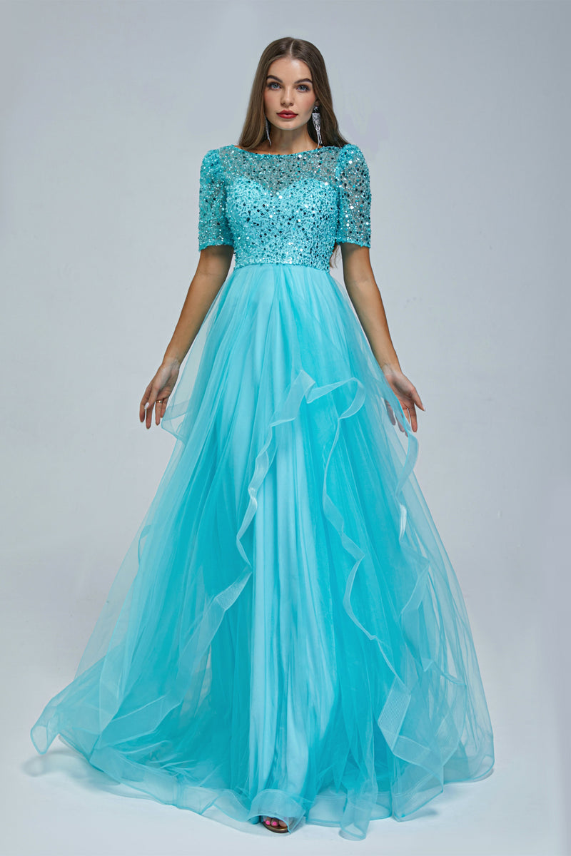 A-line Jewel half sleeves Floor-length Backless Beaded Tulle Beautiful Prom Dress-stylesnuggle