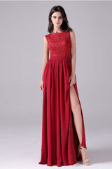 A-Line Jewel Lace Floor Length Sleeveless Backless High slit mother's dress-stylesnuggle