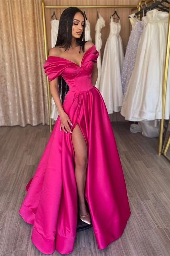 A-line Off-the-shoulder V-neck High Split Floor-length Sleeveless Prom Dress-stylesnuggle