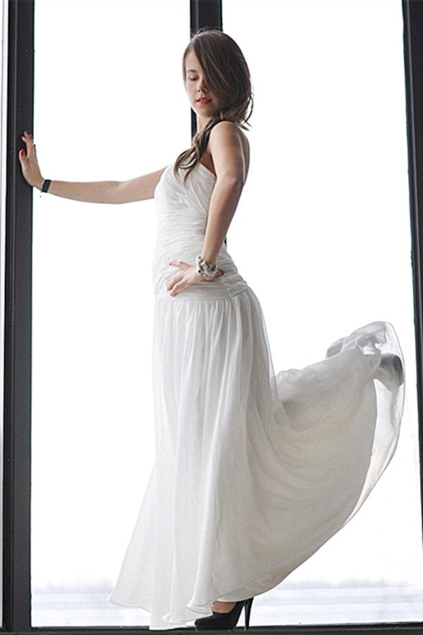 A-line One-shoulder Floor Length Chiffon Backless Wedding Dress-stylesnuggle