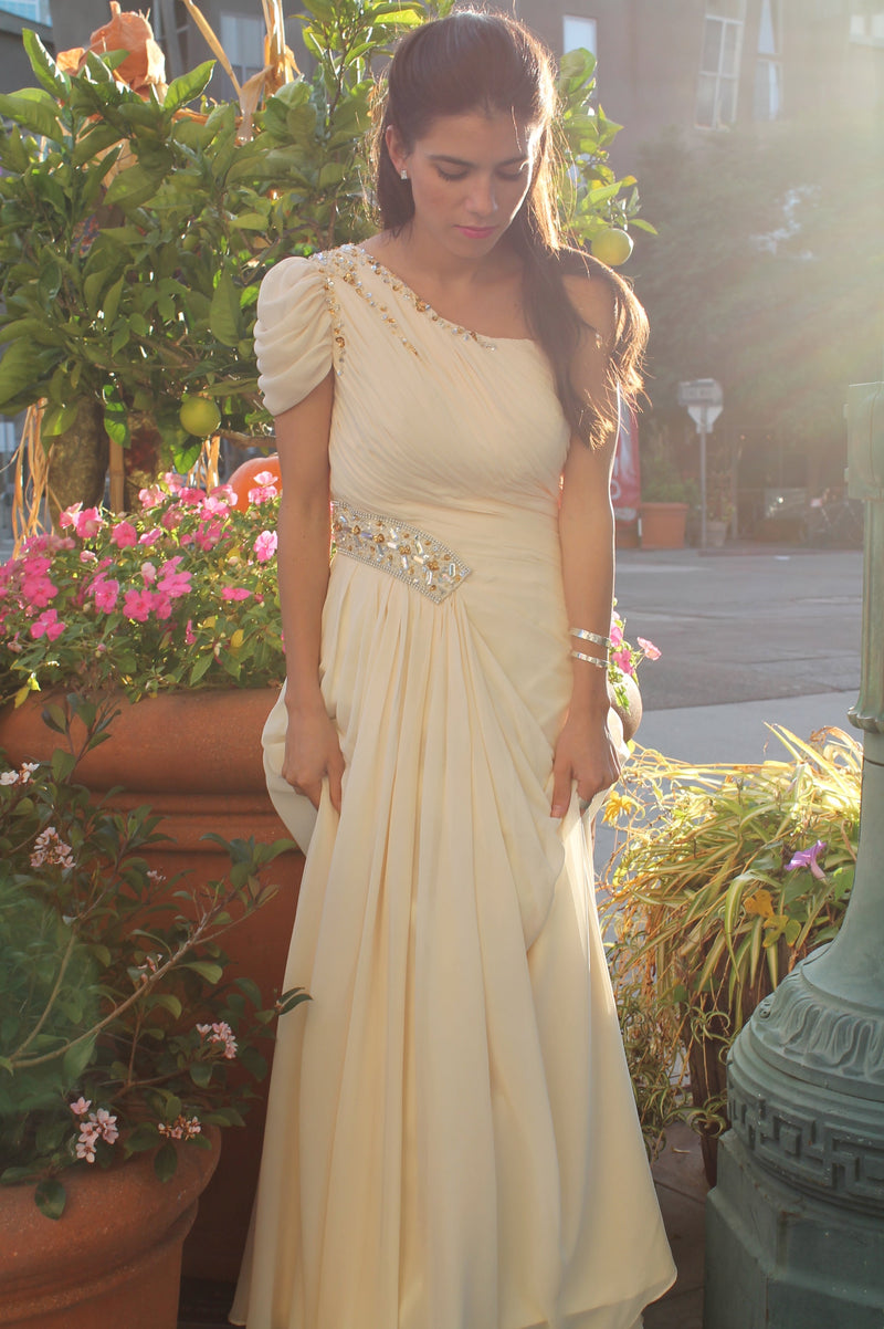 A-line One-shoulder Floor Length Chiffon Beaded Short Sleeve Prom Dress-stylesnuggle