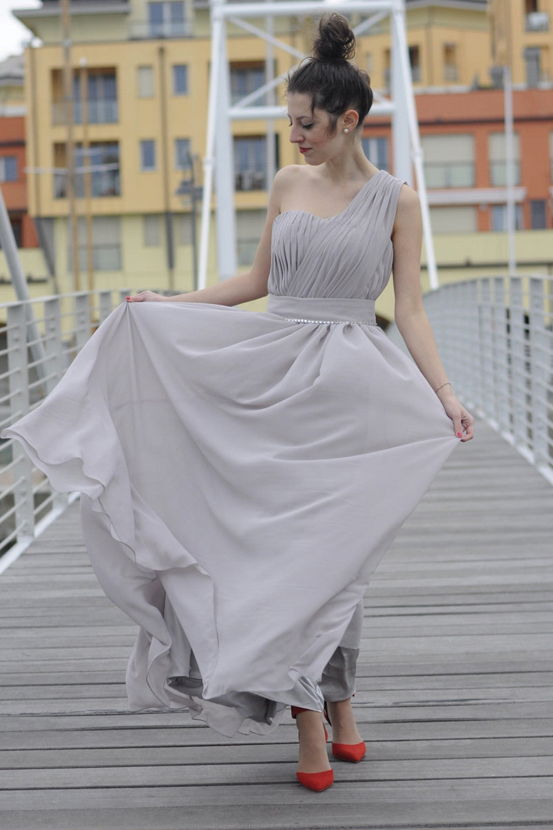 A-line One-shoulder Floor Length Chiffon Evening Dress-stylesnuggle