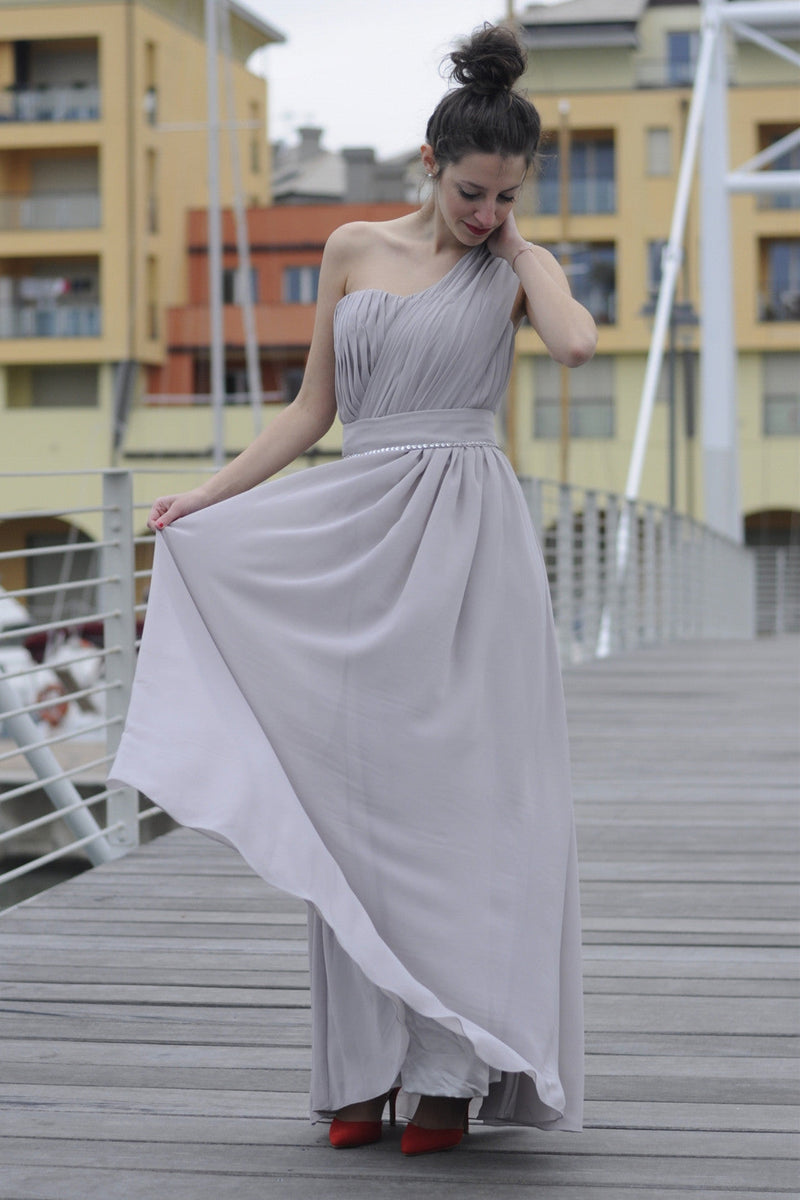 A-line One-shoulder Floor Length Chiffon Evening Dress-stylesnuggle