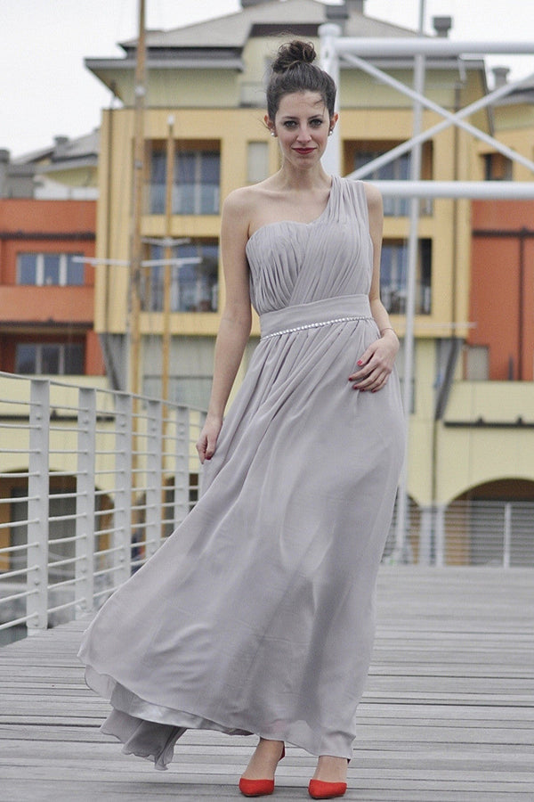 A-line One-shoulder Floor Length Chiffon Evening Dress-stylesnuggle