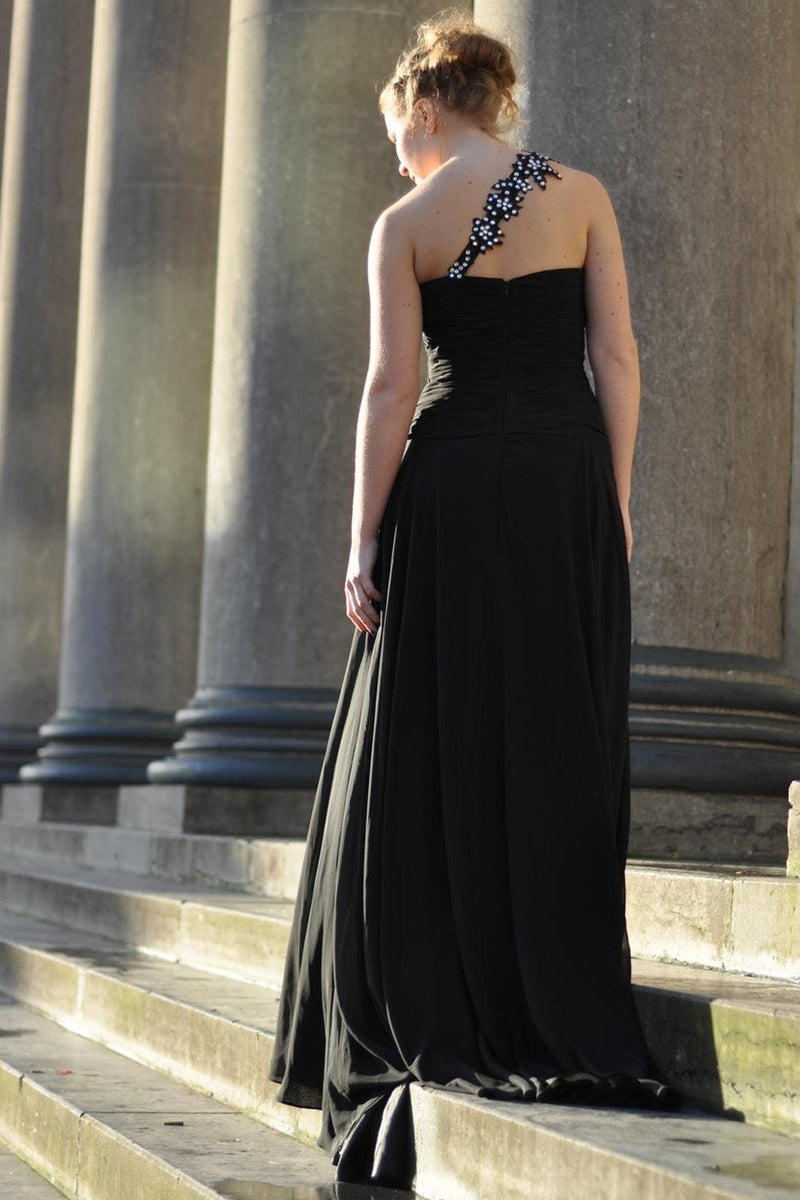 A-line One-shoulder Floor Length Chiffon Front Slit Rhinestone Prom Dress-stylesnuggle