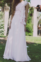 A-line One-shoulder Floor Length Chiffon Hanging Ribbon Prom Dress-stylesnuggle