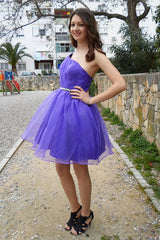 A-line One-shoulder Knee Length Tulle Rhinestone Backless Prom Dress-stylesnuggle