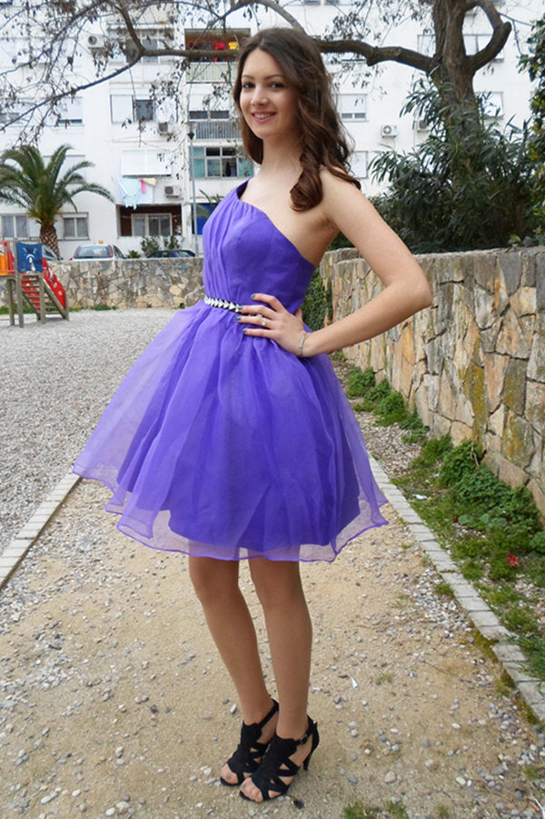 A-line One-shoulder Knee Length Tulle Rhinestone Backless Prom Dress-stylesnuggle