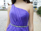 A-line One-shoulder Knee Length Tulle Rhinestone Backless Prom Dress-stylesnuggle