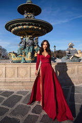 A-line Portrait V-neck Long Sleeve Front Slit Floor Length Chiffon Evening Dress-stylesnuggle