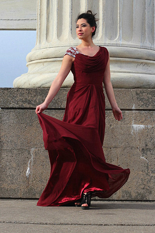 A-line Round Collar Floor Length Chiffon Beading Prom Dress-stylesnuggle