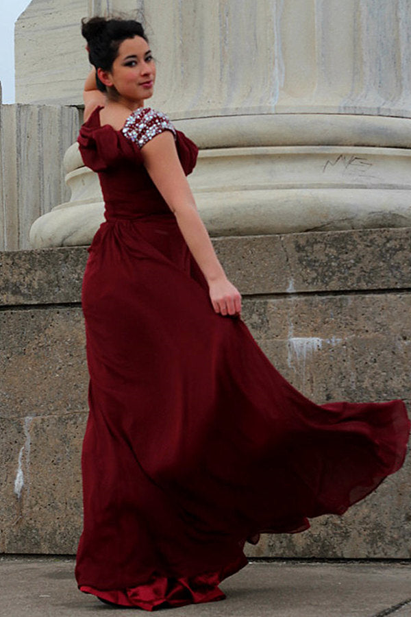 A-line Round Collar Floor Length Chiffon Beading Prom Dress-stylesnuggle