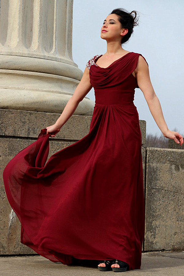 A-line Round Collar Floor Length Chiffon Beading Prom Dress-stylesnuggle