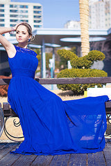 A-line Round Collar Floor Length Chiffon Rhinestone Evening Dress-stylesnuggle