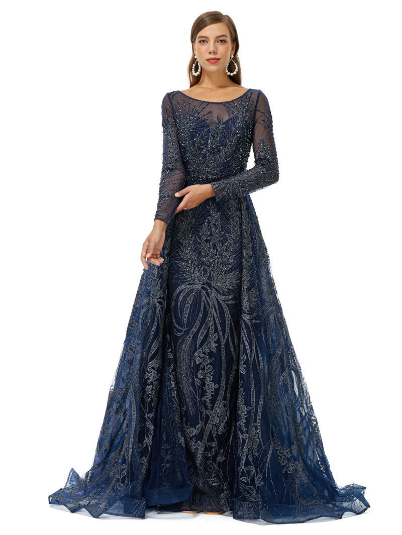 A-line Round Floor-length Long Sleeve Appliques Lace Beaded Prom Dress-stylesnuggle