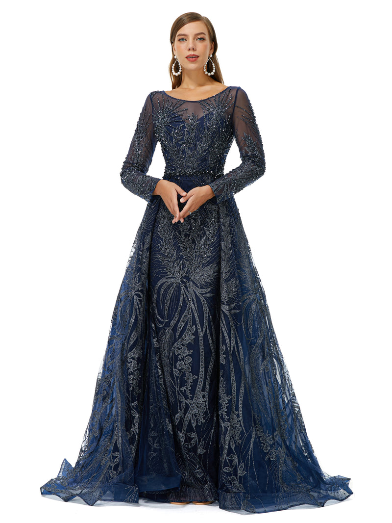 A-line Round Floor-length Long Sleeve Appliques Lace Beaded Prom Dress-stylesnuggle