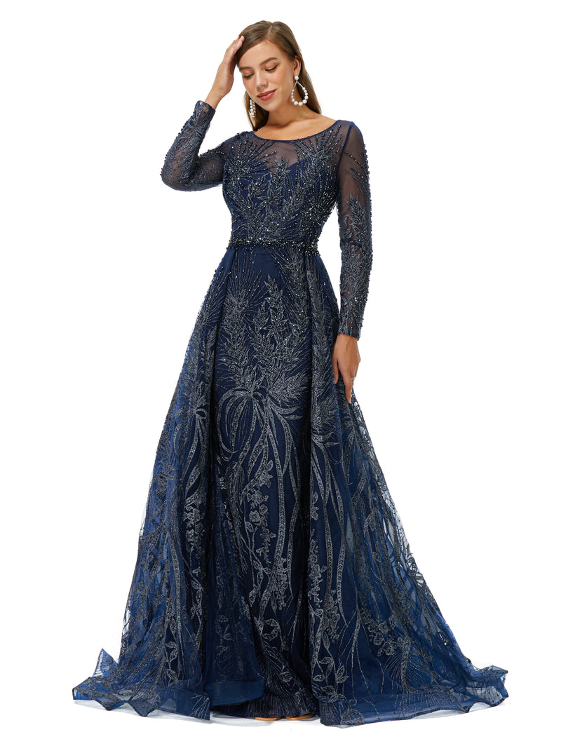 A-line Round Floor-length Long Sleeve Appliques Lace Beaded Prom Dress-stylesnuggle