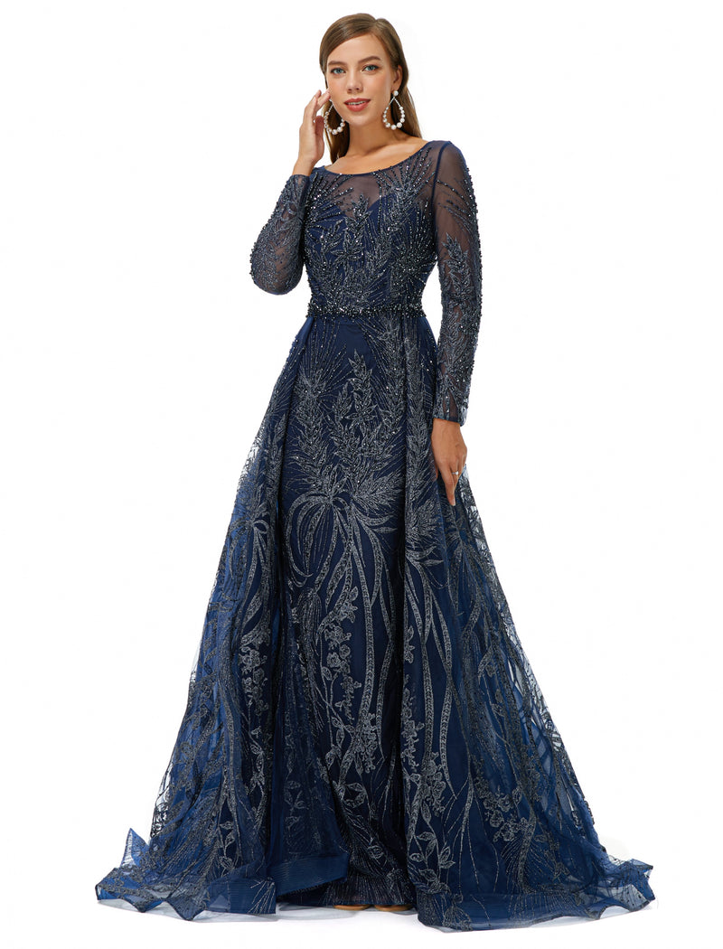 A-line Round Floor-length Long Sleeve Appliques Lace Beaded Prom Dress-stylesnuggle