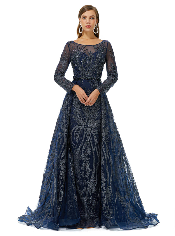 A-line Round Floor-length Long Sleeve Appliques Lace Beaded Prom Dress-stylesnuggle