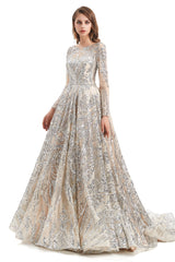 A-line Round Lace Sequined Floor-length Long Sleeve Open Back Prom Dress-stylesnuggle