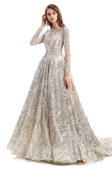 A-line Round Lace Sequined Floor-length Long Sleeve Open Back Prom Dress-stylesnuggle