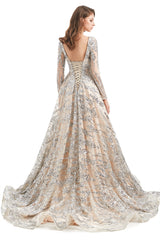 A-line Round Lace Sequined Floor-length Long Sleeve Open Back Prom Dress-stylesnuggle