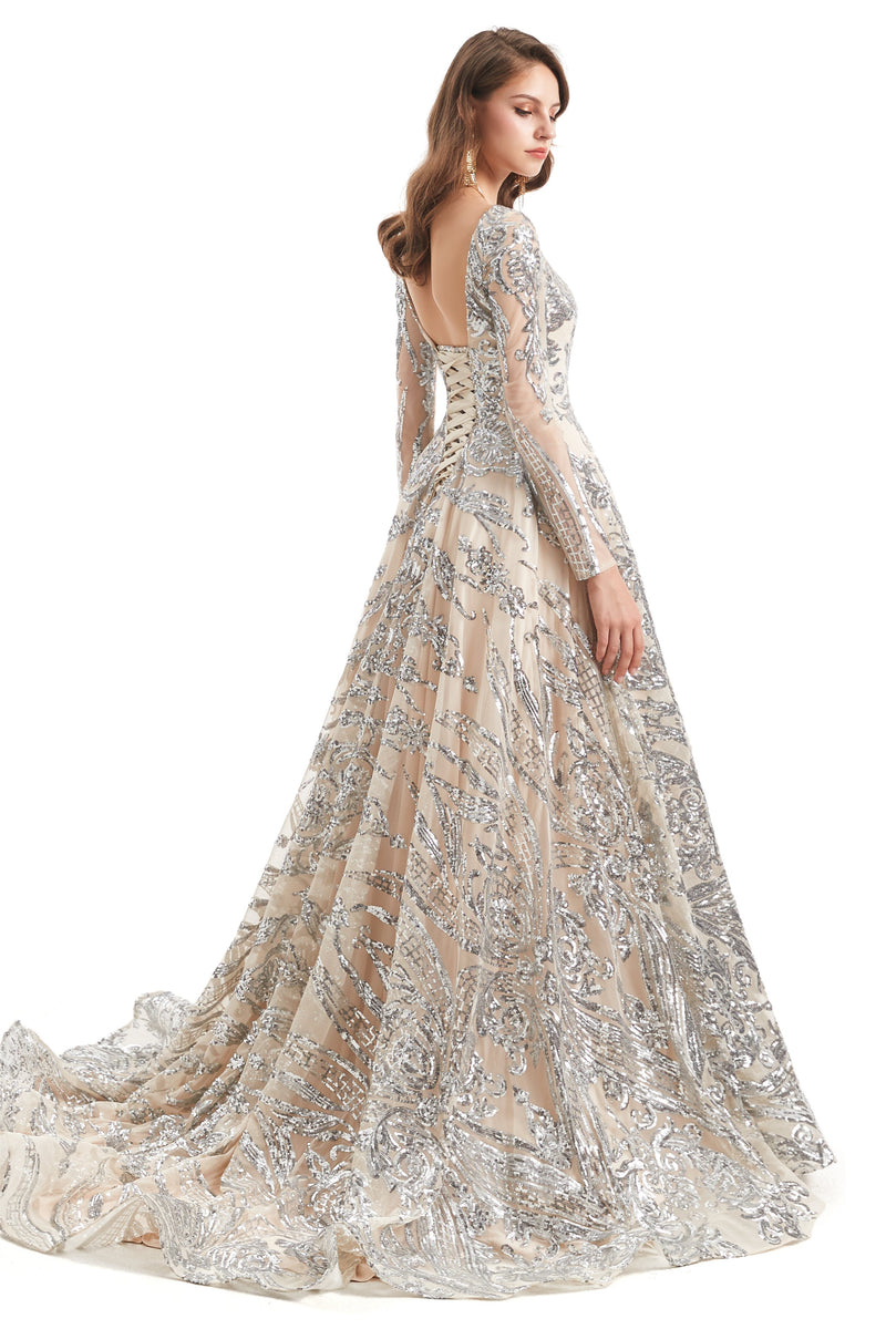 A-line Round Lace Sequined Floor-length Long Sleeve Open Back Prom Dress-stylesnuggle