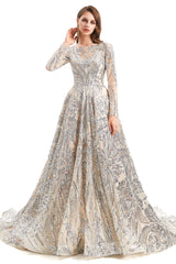 A-line Round Lace Sequined Floor-length Long Sleeve Open Back Prom Dress-stylesnuggle