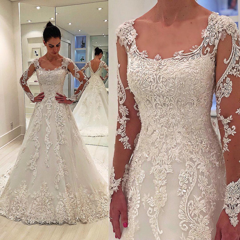 A-line Round Neck Long Sleeve Floor Length Tulle Applique Wedding Dress-stylesnuggle