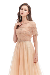 A-line Round Sequined Floor-length Cap Sleeve Open Back Appliques Lace Prom Dress-stylesnuggle