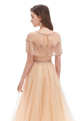 A-line Round Sequined Floor-length Cap Sleeve Open Back Appliques Lace Prom Dress-stylesnuggle