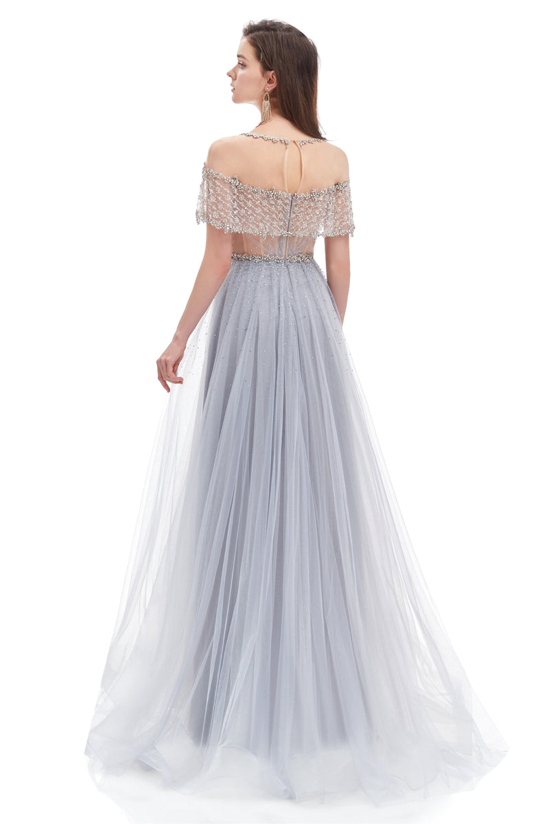 A-line Round Sequined Floor-length Cap Sleeve Open Back Appliques Lace Prom Dress-stylesnuggle