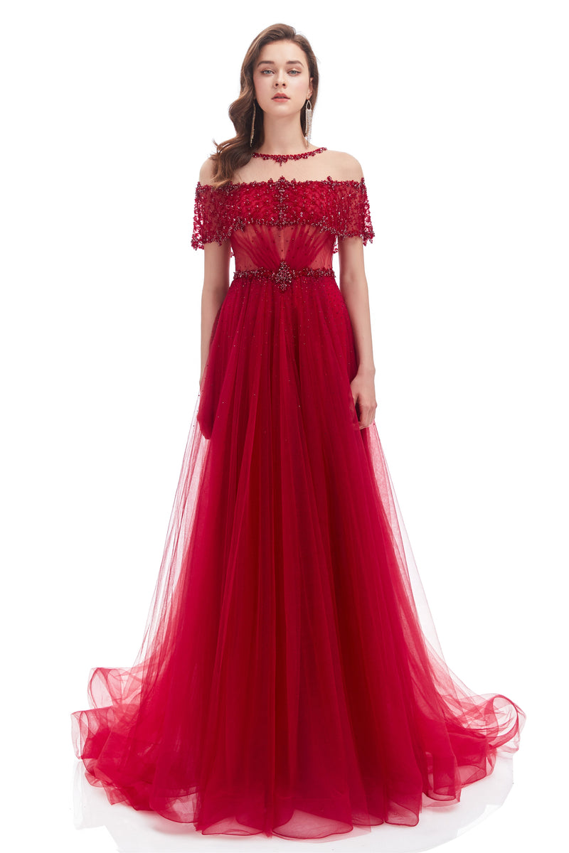 A-line Round Sequined Floor-length Cap Sleeve Open Back Appliques Lace Prom Dress-stylesnuggle