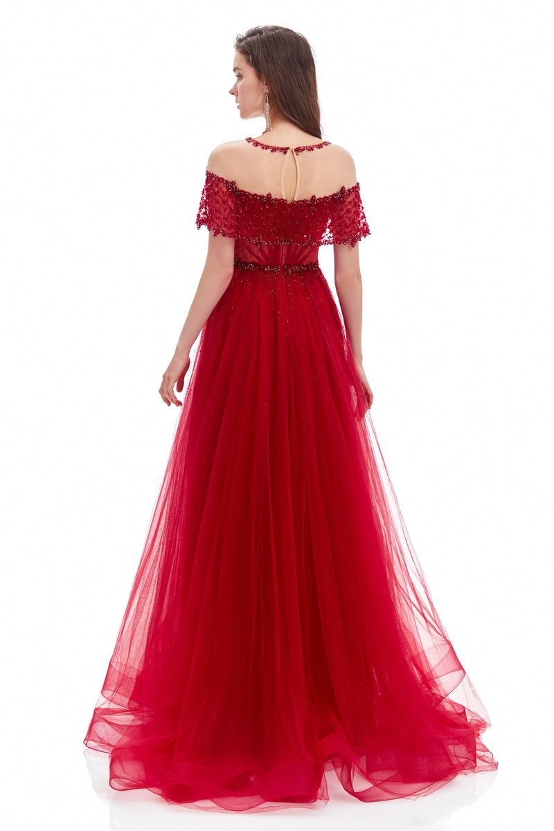 A-line Round Sequined Floor-length Cap Sleeve Open Back Appliques Lace Prom Dress-stylesnuggle