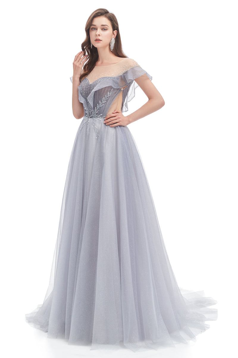 A-line Round Sequined Floor-length Cap Sleeve Open Back Appliques Lace Prom Dress-stylesnuggle