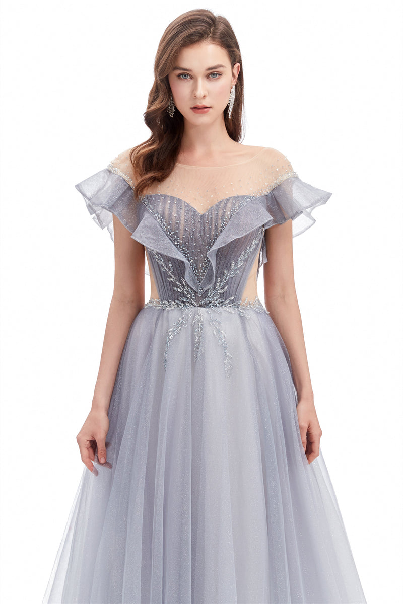 A-line Round Sequined Floor-length Cap Sleeve Open Back Appliques Lace Prom Dress-stylesnuggle