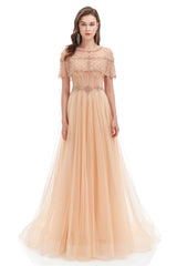 A-line Round Sequined Floor-length Cap Sleeve Open Back Appliques Lace Prom Dress-stylesnuggle