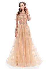 A-line Round Sequined Floor-length Cap Sleeve Open Back Appliques Lace Prom Dress-stylesnuggle