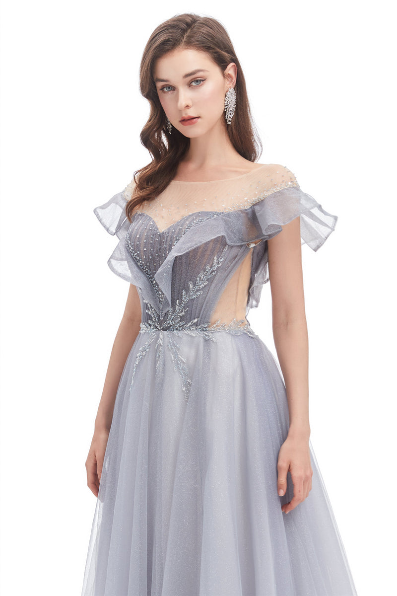 A-line Round Sequined Floor-length Cap Sleeve Open Back Appliques Lace Prom Dress-stylesnuggle