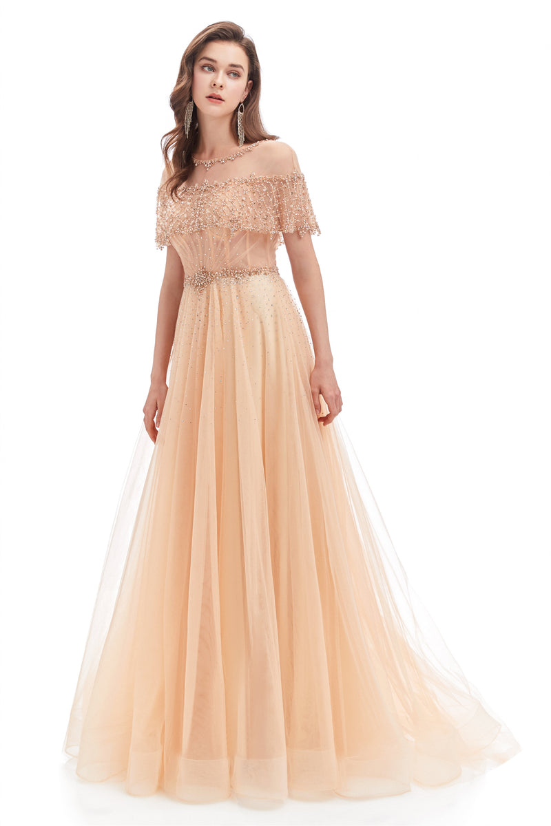 A-line Round Sequined Floor-length Cap Sleeve Open Back Appliques Lace Prom Dress-stylesnuggle