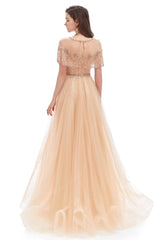 A-line Round Sequined Floor-length Cap Sleeve Open Back Appliques Lace Prom Dress-stylesnuggle