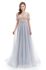 A-line Round Sequined Floor-length Cap Sleeve Open Back Appliques Lace Prom Dress-stylesnuggle