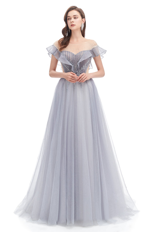 A-line Round Sequined Floor-length Cap Sleeve Open Back Appliques Lace Prom Dress-stylesnuggle